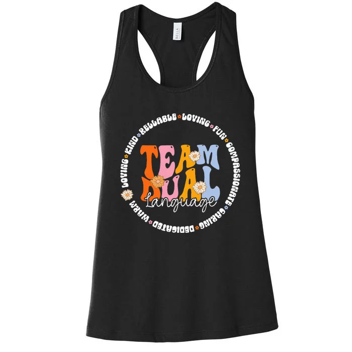 Groovy Retro Back To School Squad Team Dual Language Teacher Women's Racerback Tank