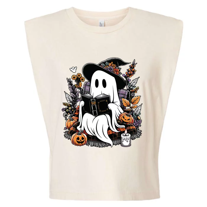 Ghost Reading Books Pumpkin Halloween Garment-Dyed Women's Muscle Tee