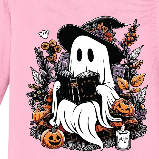 Ghost Reading Books Pumpkin Halloween Baby Long Sleeve Bodysuit