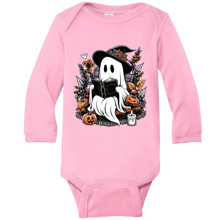 Ghost Reading Books Pumpkin Halloween Baby Long Sleeve Bodysuit