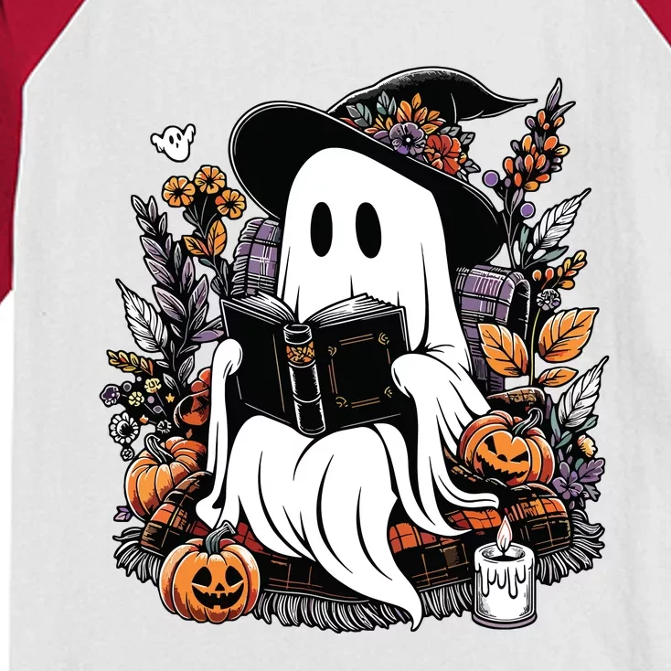 Ghost Reading Books Pumpkin Halloween Kids Colorblock Raglan Jersey