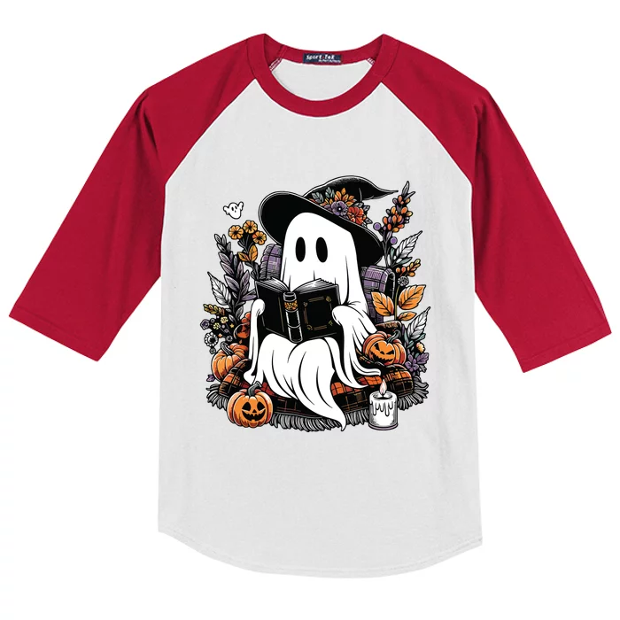 Ghost Reading Books Pumpkin Halloween Kids Colorblock Raglan Jersey