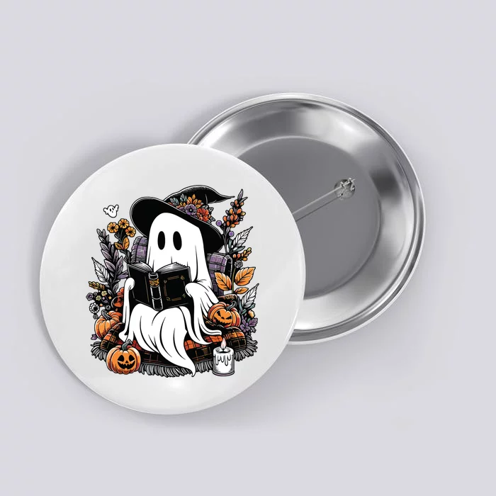 Ghost Reading Books Pumpkin Halloween Button