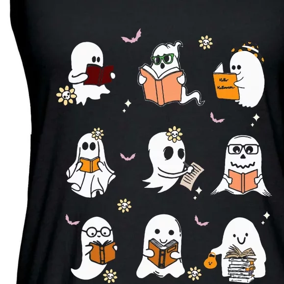 Ghosts Reading Books Teacher Halloween Librarian Boooks Ladies Essential Flowy Tank