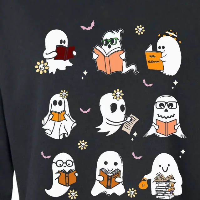 Ghosts Reading Books Teacher Halloween Librarian Boooks Cropped Pullover Crew