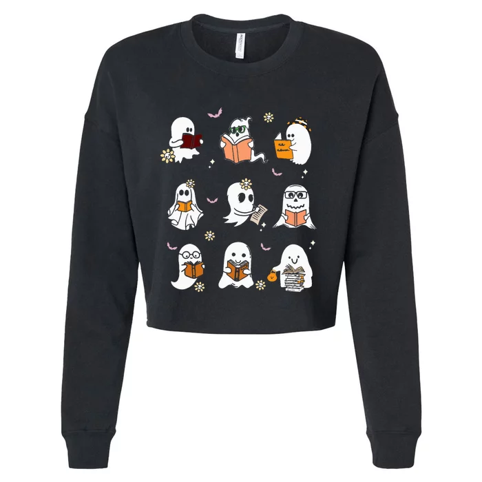 Ghosts Reading Books Teacher Halloween Librarian Boooks Cropped Pullover Crew