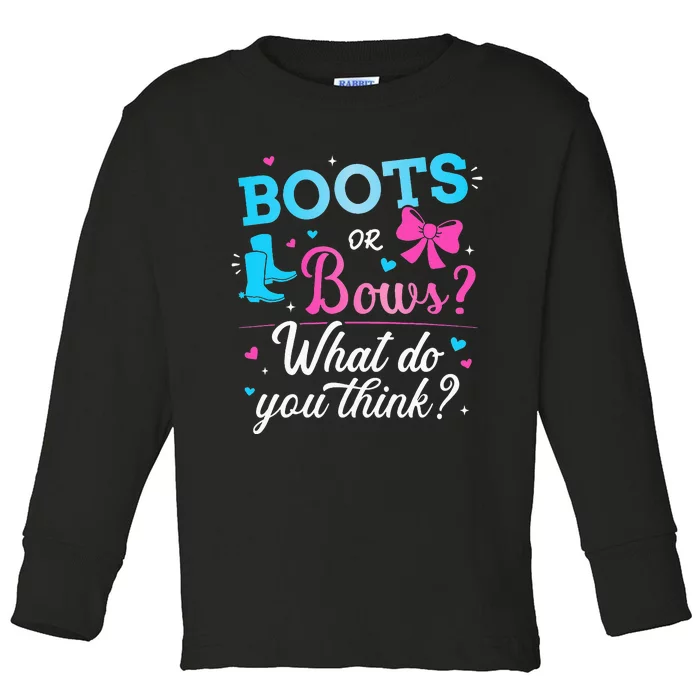 Gender reveal boots or bows what do you think baby party Toddler Long Sleeve Shirt