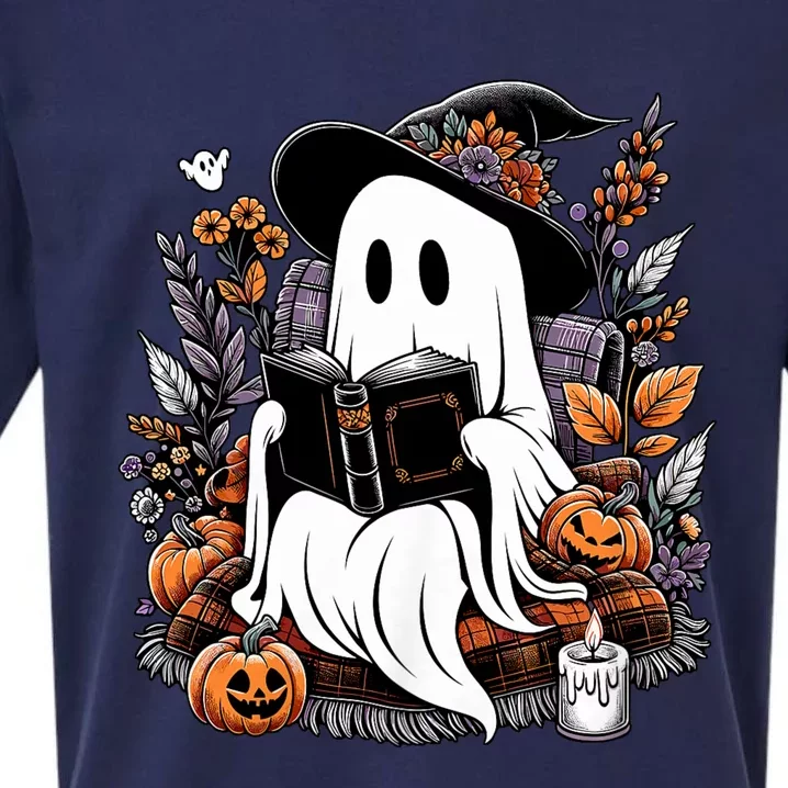 Ghost Reading Books Pumpkin Halloween Sueded Cloud Jersey T-Shirt