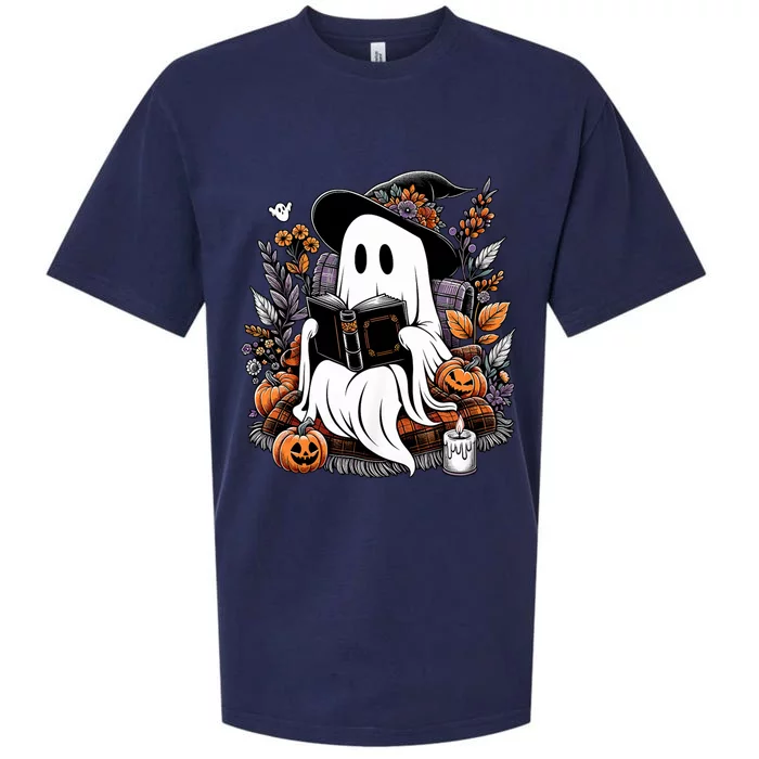 Ghost Reading Books Pumpkin Halloween Sueded Cloud Jersey T-Shirt