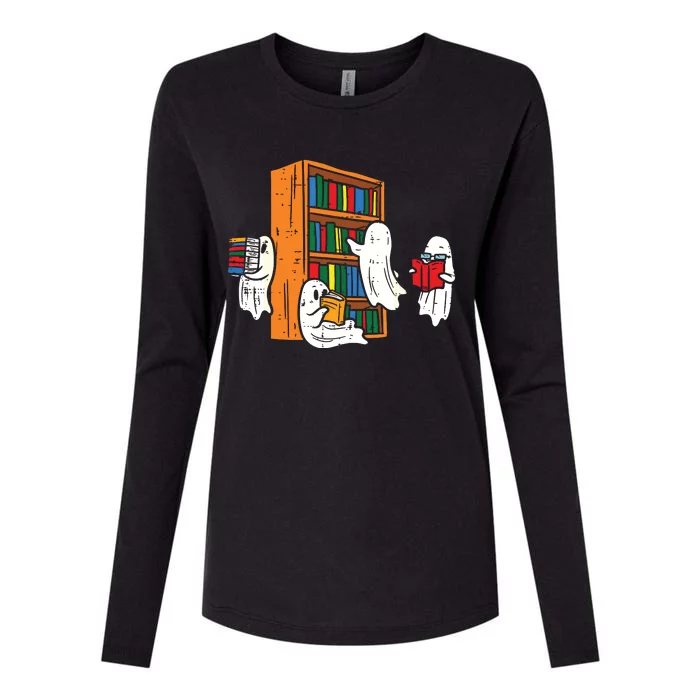 Ghosts Reading Books Teacher Halloween Librarian Boooks Womens Cotton Relaxed Long Sleeve T-Shirt