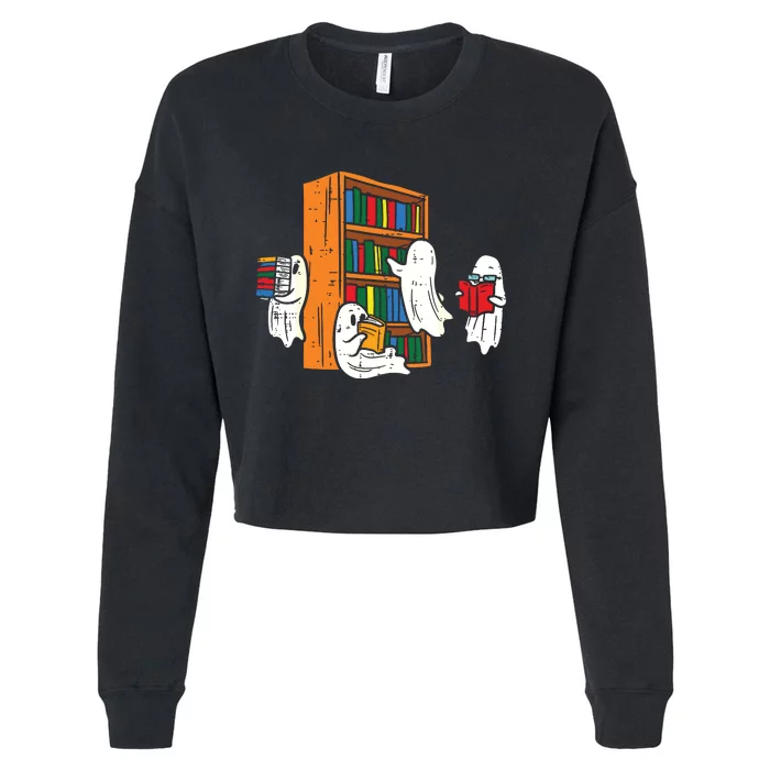 Ghosts Reading Books Teacher Halloween Librarian Boooks Cropped Pullover Crew