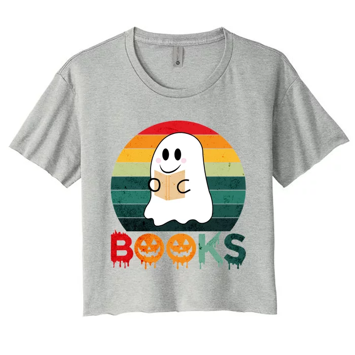 Ghost Reading Books Halloween Design Cute Gift Women's Crop Top Tee