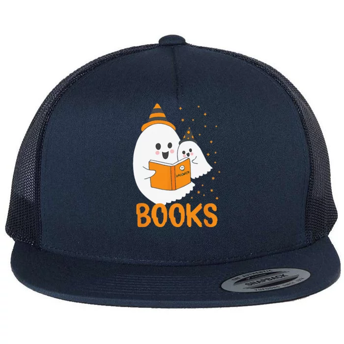 Ghost Reading Books Halloween Flat Bill Trucker Hat