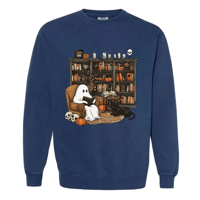 Ghost Reading Books Librarian Ghost Halloween Garment-Dyed Sweatshirt