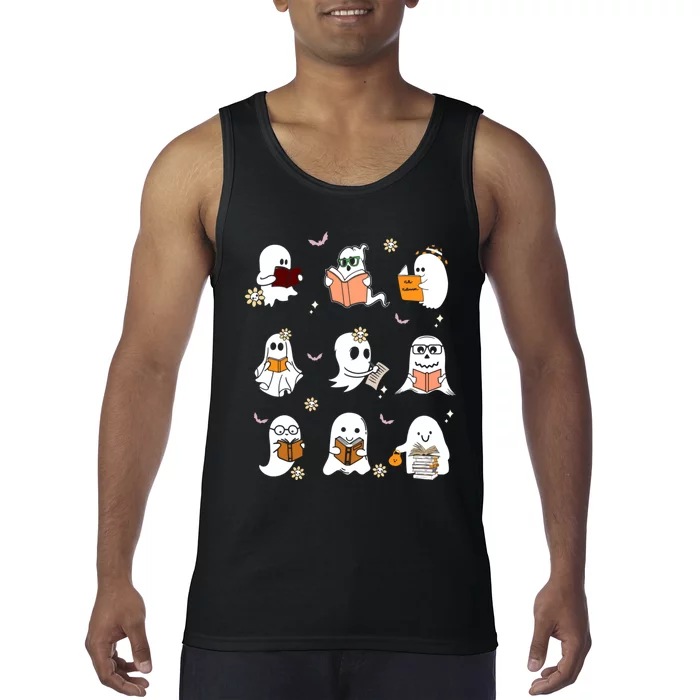 Ghost Reading Book Cute Teacher Halloween Ghost Book Lover Tank Top