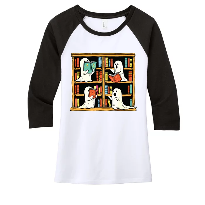 Ghosts Reading Books Teacher Halloween Librarian Boooks Women's Tri-Blend 3/4-Sleeve Raglan Shirt