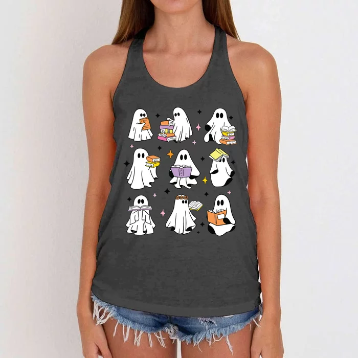 Ghosts Reading Books Teacher Halloween Librarian Boooks Women's Knotted Racerback Tank