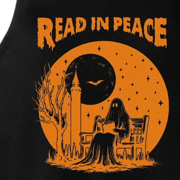 Ghost Reading Book Read In Peace Spooky Teacher Halloween Ladies Tri-Blend Wicking Tank