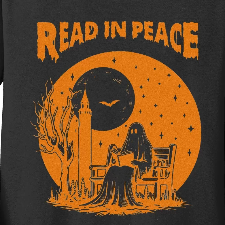 Ghost Reading Book Read In Peace Spooky Teacher Halloween Kids Long Sleeve Shirt