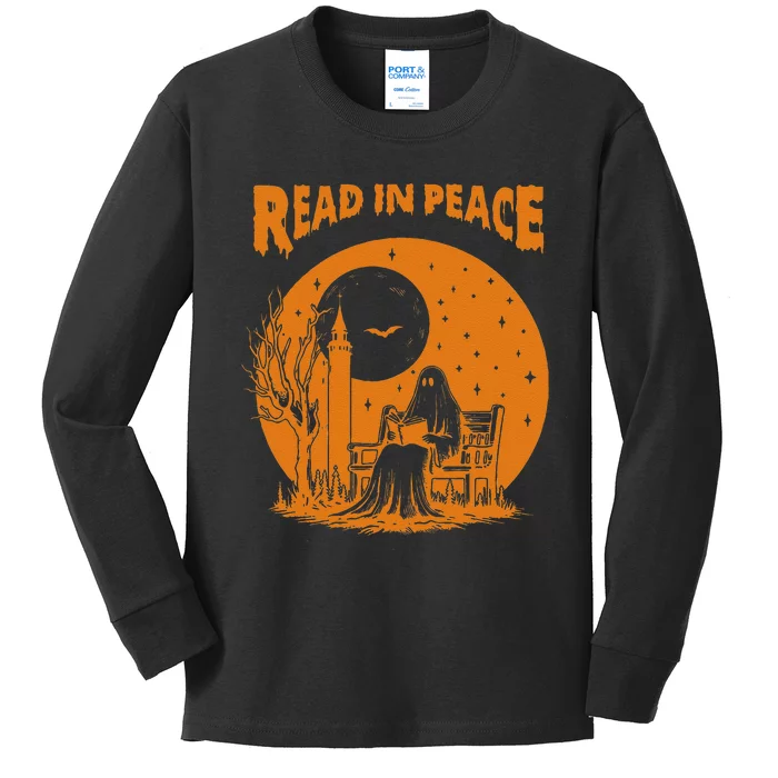 Ghost Reading Book Read In Peace Spooky Teacher Halloween Kids Long Sleeve Shirt