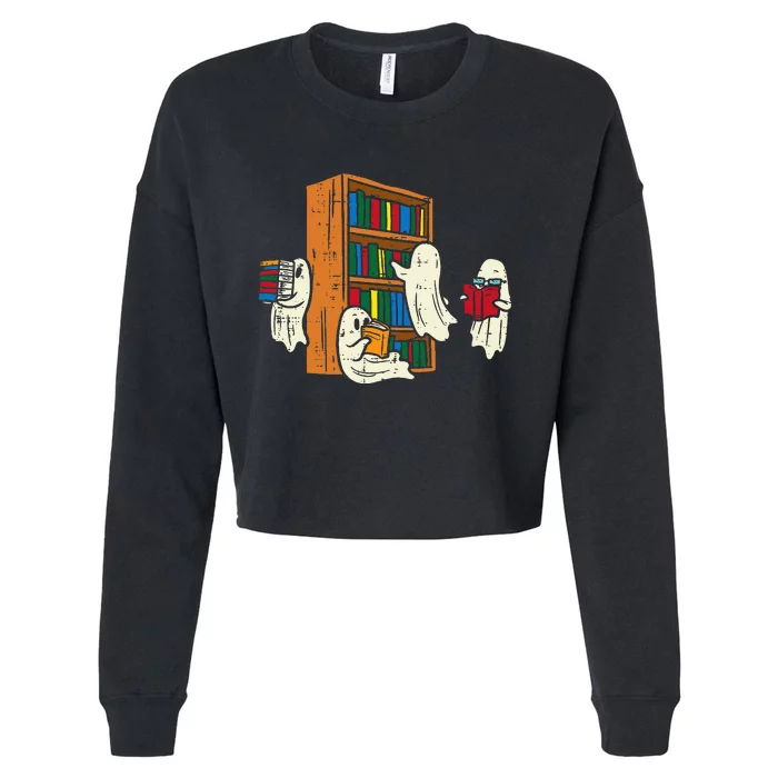 Ghosts Reading Books Teacher Halloween Librarian Boooks Cropped Pullover Crew