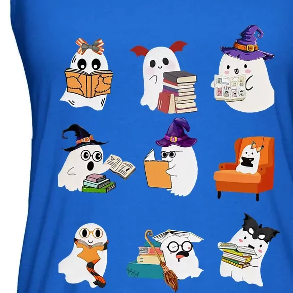 Ghosts Reading Books Teacher Halloween Librarian Cute Boooks Ladies Essential Flowy Tank