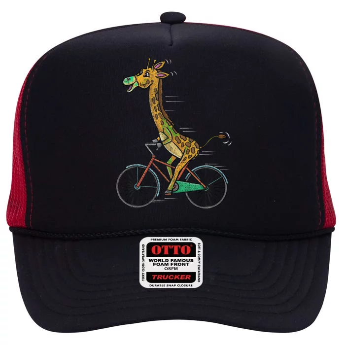 Giraffe Riding Bicycle Vintage High Crown Mesh Trucker Hat