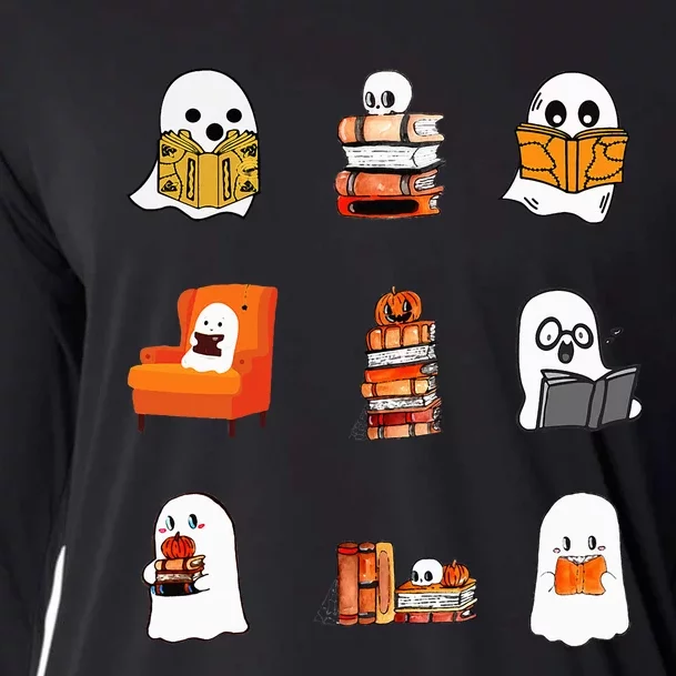 Ghosts Reading Books Teacher Halloween Librarian Cute Boooks Cooling Performance Long Sleeve Crew