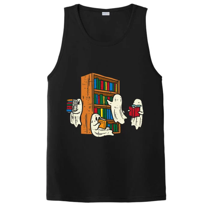 Ghosts Reading Books Teacher Halloween Librarian Boooks Performance Tank