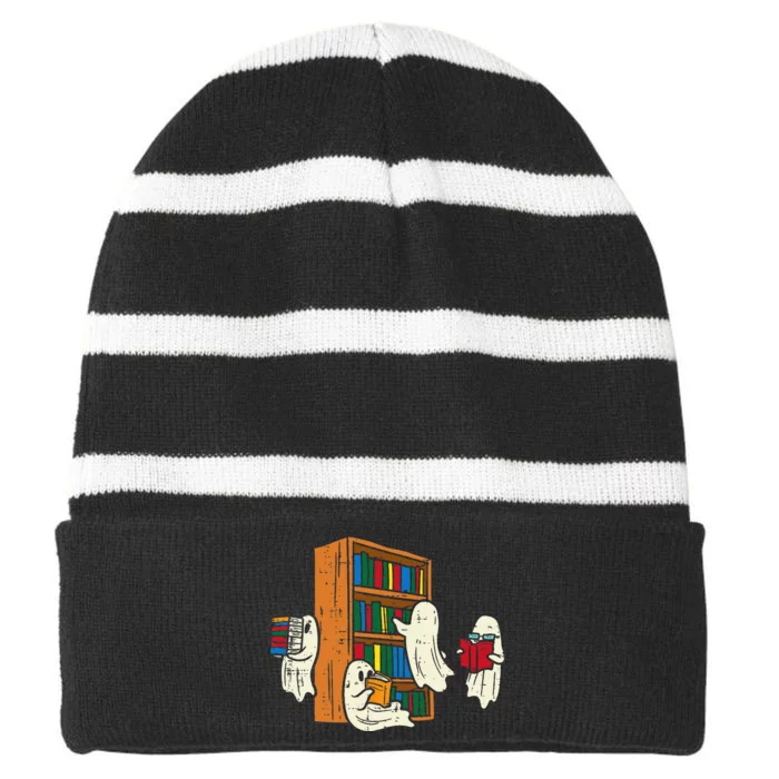 Ghosts Reading Books Teacher Halloween Librarian Boooks Striped Beanie with Solid Band