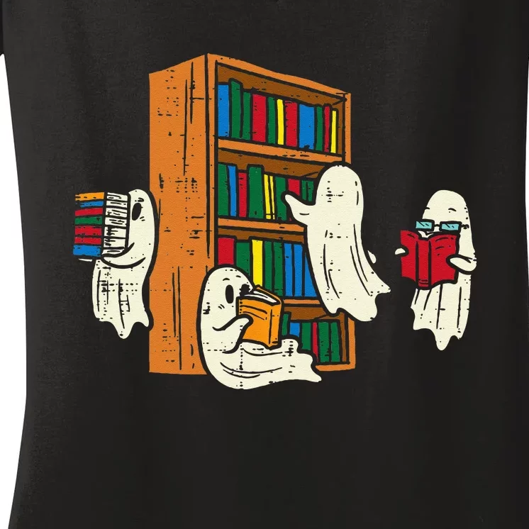 Ghosts Reading Books Teacher Halloween Librarian Boooks Women's V-Neck T-Shirt