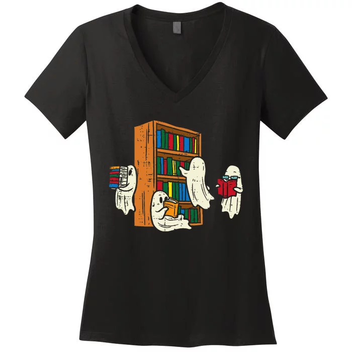 Ghosts Reading Books Teacher Halloween Librarian Boooks Women's V-Neck T-Shirt