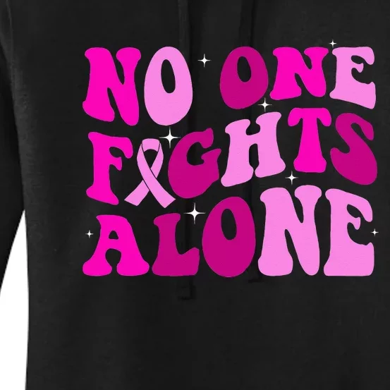 Groovy Retro Breast Cancer Awareness No One Fight Alone Women's Pullover Hoodie