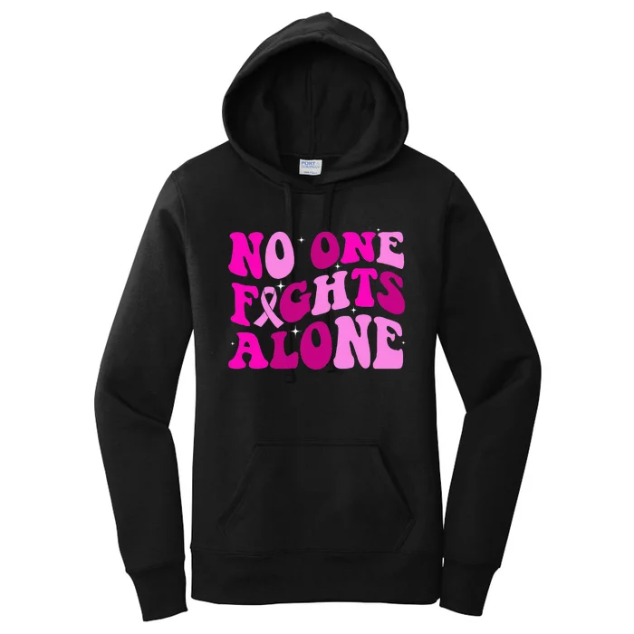 Groovy Retro Breast Cancer Awareness No One Fight Alone Women's Pullover Hoodie