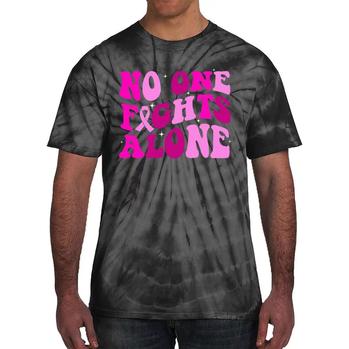 Groovy Retro Breast Cancer Awareness No One Fight Alone Tie-Dye T-Shirt