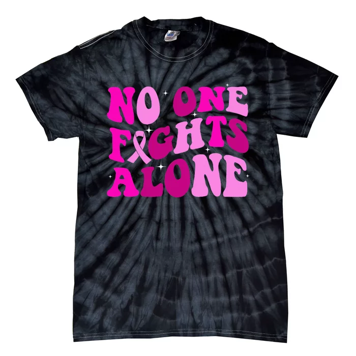 Groovy Retro Breast Cancer Awareness No One Fight Alone Tie-Dye T-Shirt