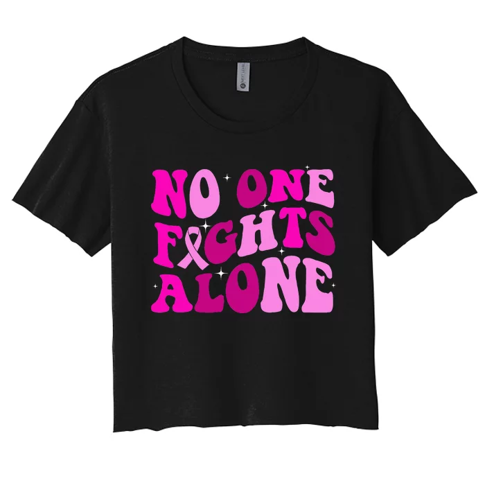 Groovy Retro Breast Cancer Awareness No One Fight Alone Women's Crop Top Tee