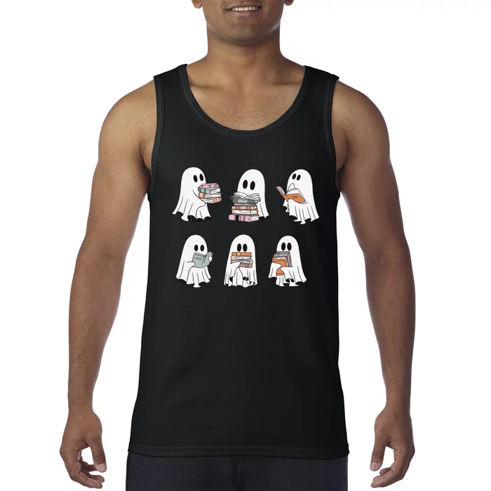 Ghost Reading Books Bookish Halloween Teacher Tank Top