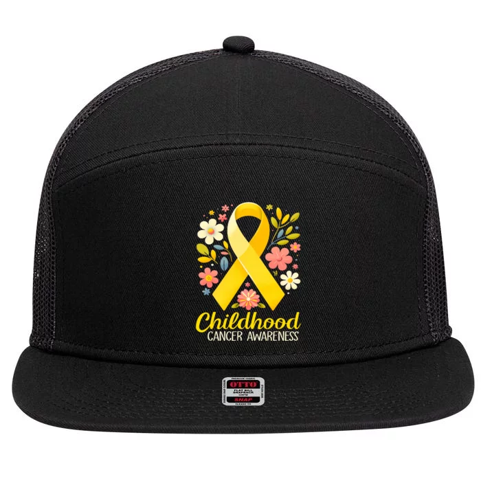 Gold Ribbon Childhood Cancer Awareness 7 Panel Mesh Trucker Snapback Hat