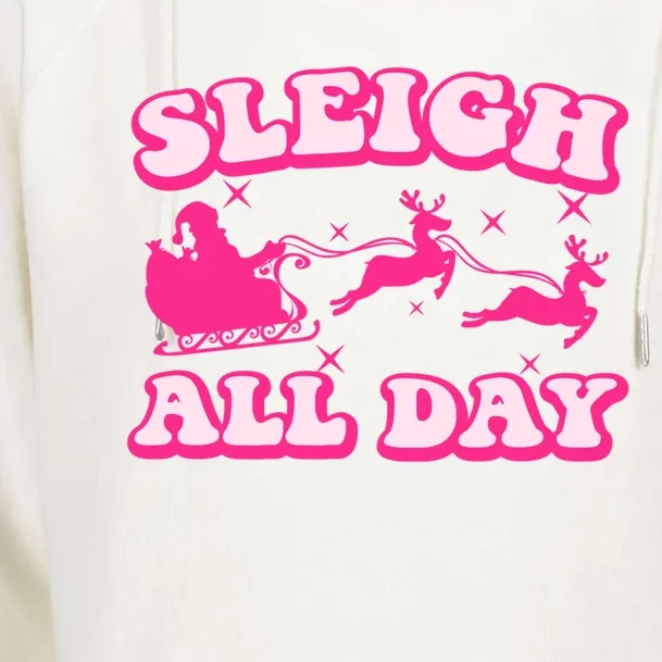 Groovy Retro Christmas Pink Santa Reindeer Sleigh All Day Gift Womens Funnel Neck Pullover Hood