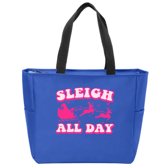 Groovy Retro Christmas Pink Santa Reindeer Sleigh All Day Gift Zip Tote Bag