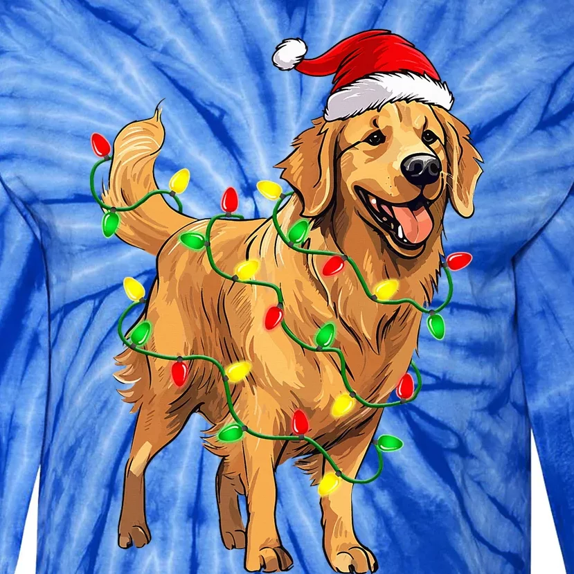 Golden Retriever Christmas Santa Hat Tree Lights Pajama Tie-Dye Long Sleeve Shirt