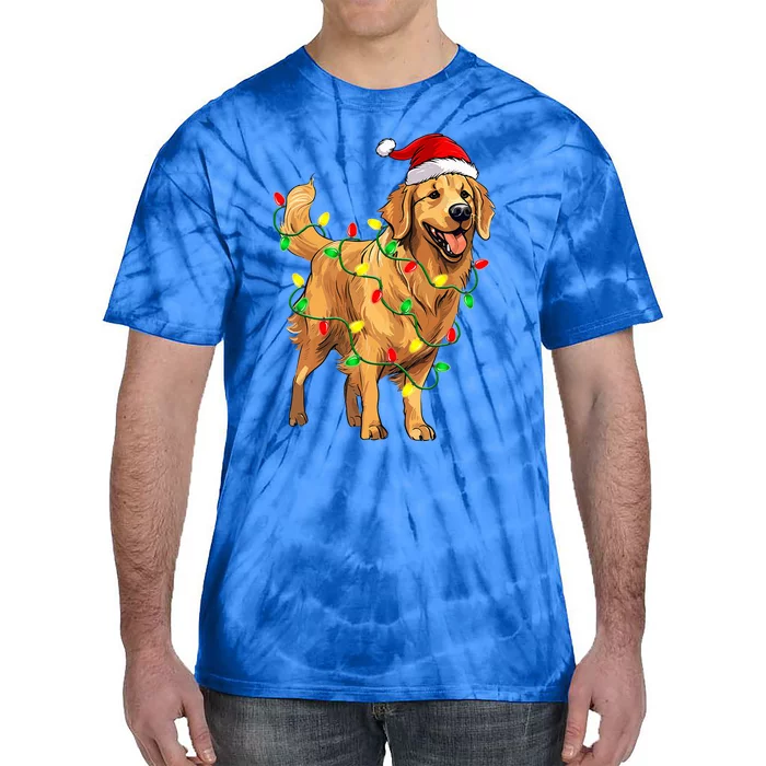 Golden Retriever Christmas Santa Hat Tree Lights Pajama Tie-Dye T-Shirt