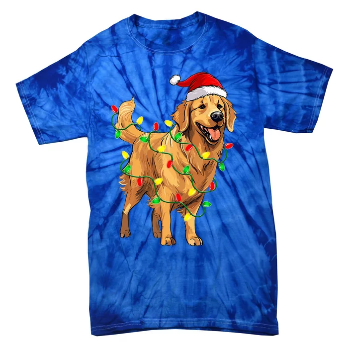 Golden Retriever Christmas Santa Hat Tree Lights Pajama Tie-Dye T-Shirt