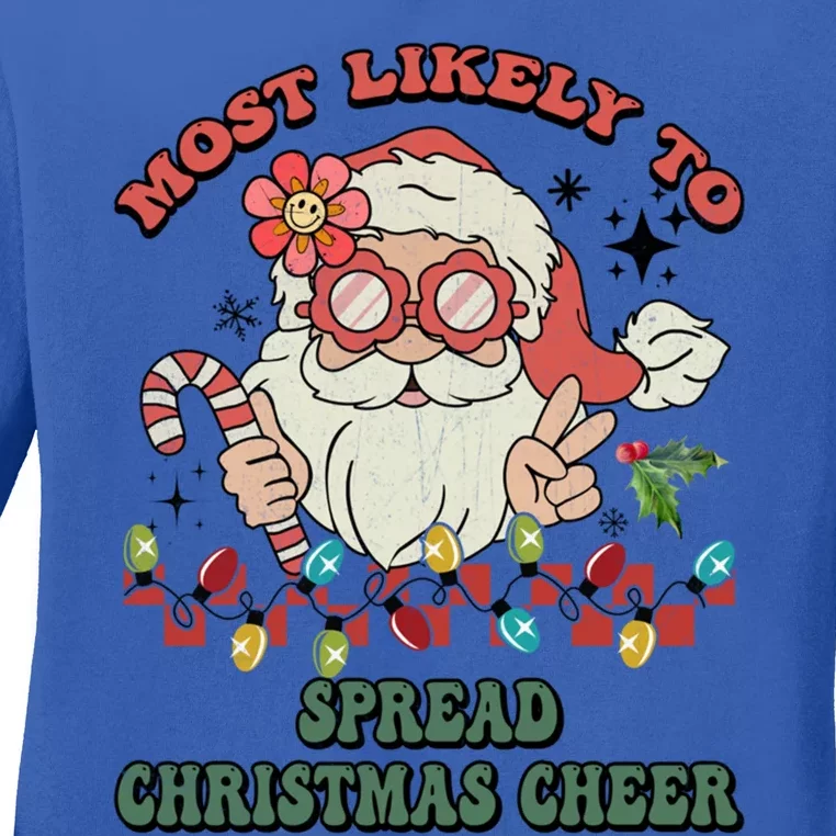 Groovy Retro Christmas Most Likely To Spread Christmas Cheer Gift Ladies Long Sleeve Shirt