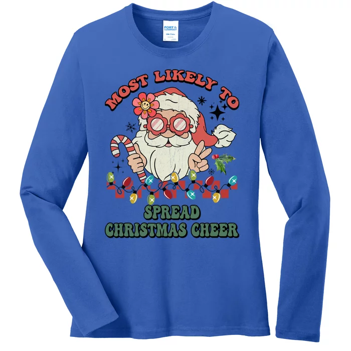 Groovy Retro Christmas Most Likely To Spread Christmas Cheer Gift Ladies Long Sleeve Shirt