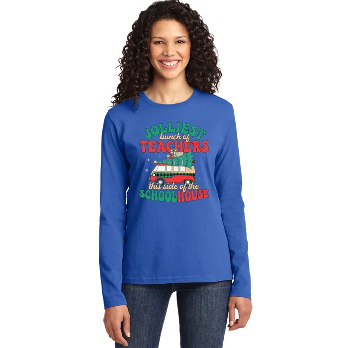 Groovy Retro Christmas Teacher Jolly Vibes Jolliest Bunch Ladies Long Sleeve Shirt