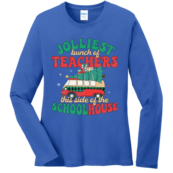 Groovy Retro Christmas Teacher Jolly Vibes Jolliest Bunch Ladies Long Sleeve Shirt