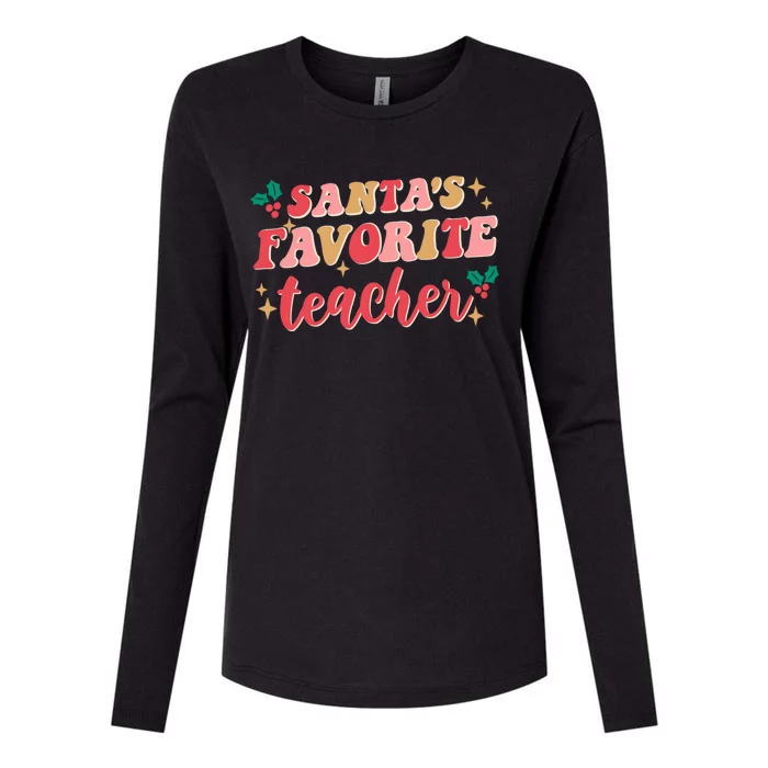 Groovy Retro Christmas School Santas Favorite Teacher Gift Womens Cotton Relaxed Long Sleeve T-Shirt