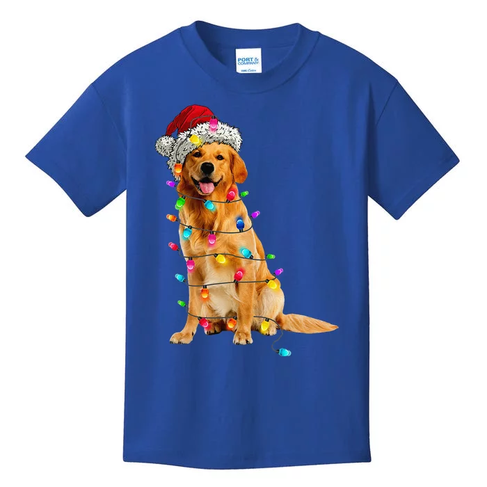 Golden Retrievers Christmas Lights Hat Santa Dog Lover Kids T-Shirt